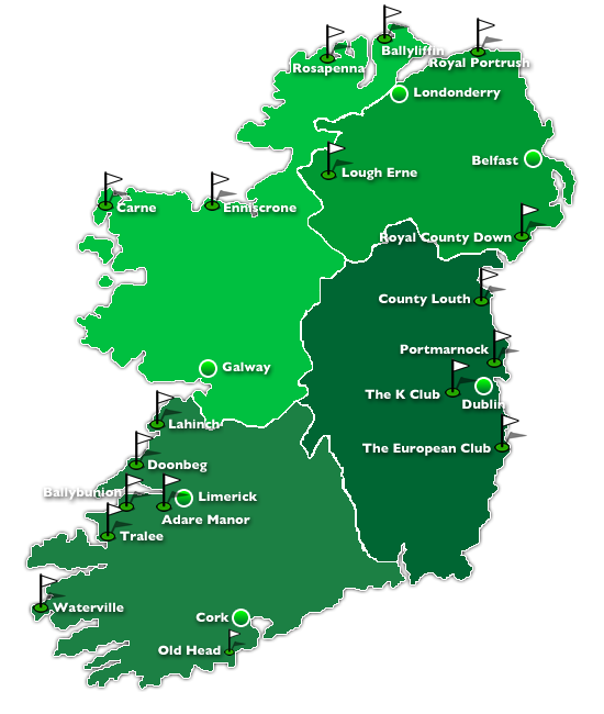 Carte d'Irlande montrant les régions des parcours de golf